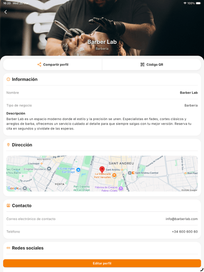 Captura de pantalla de Bookniapp: perfil de negocio con agenda y reservas en la app móvil